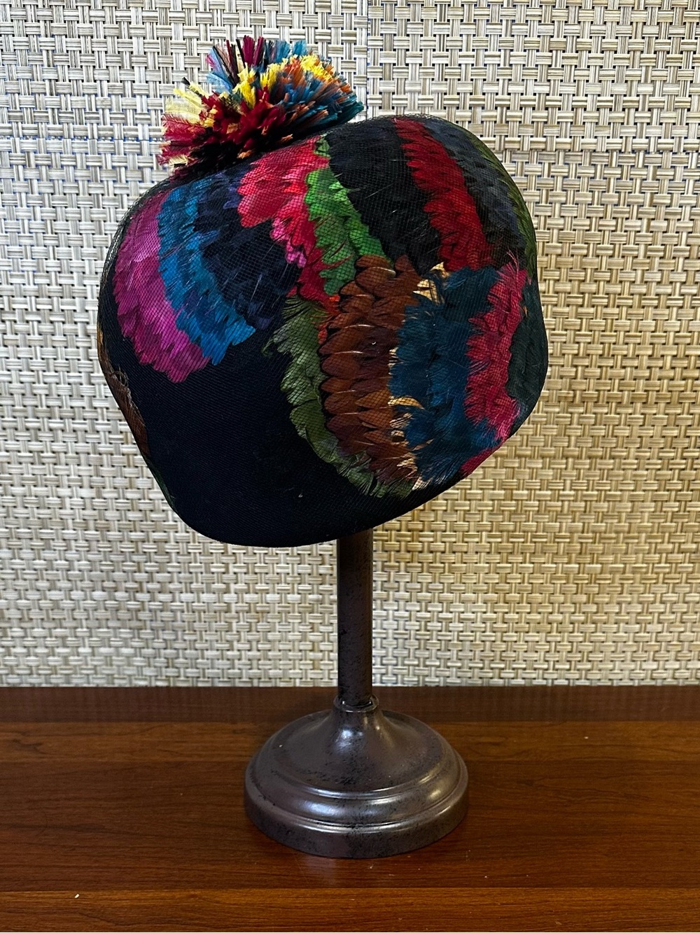 VTG 1960s Don Anderson New York MCM Feather Pillbox Hat Pom Pom USA - Picture 3 of 8